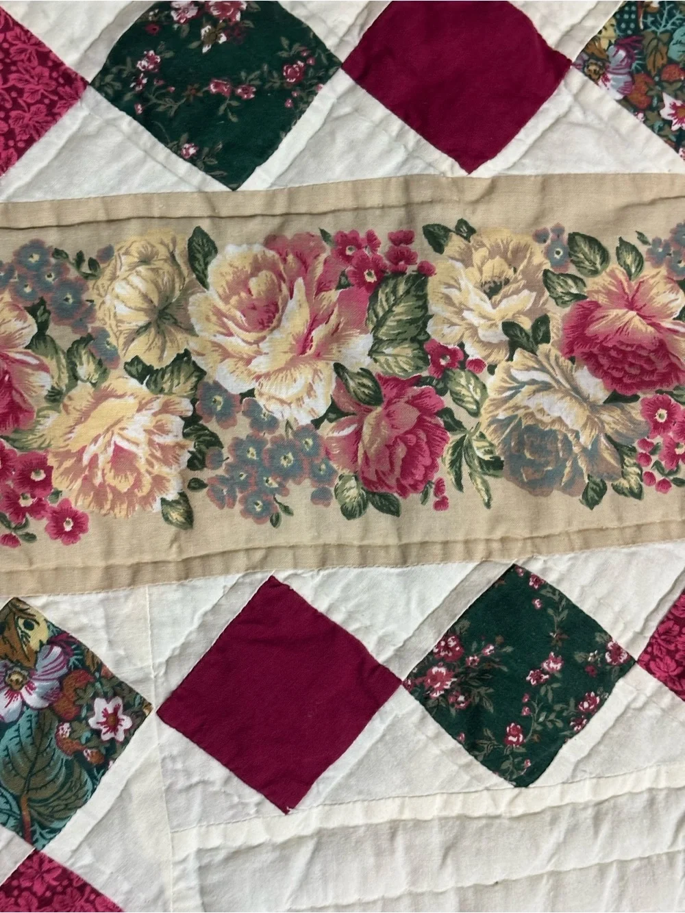 Vint Floral Patchwork Quilt Twin Center Medallion Sawtooth Trim Burgundy Green